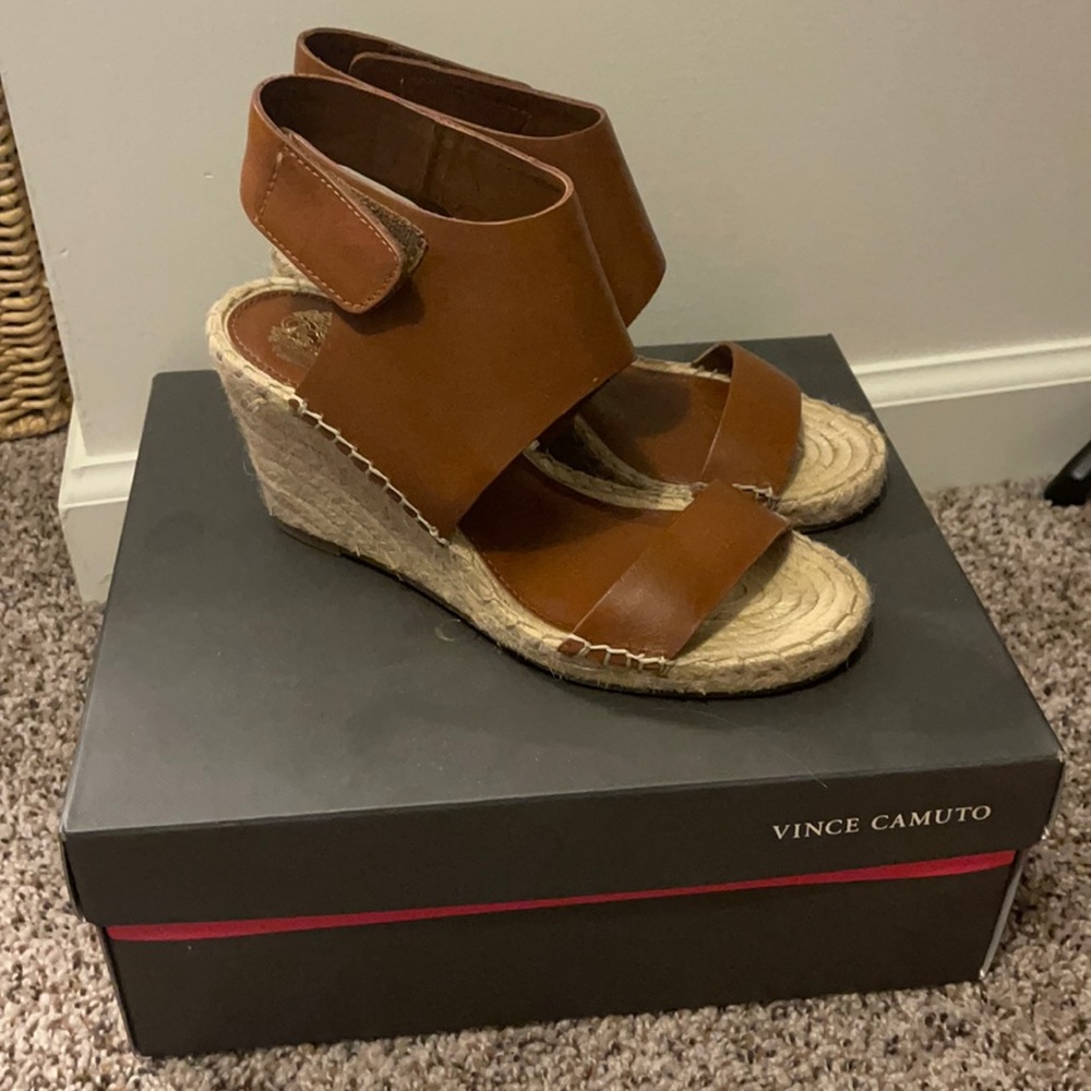 Vince Camuto Brown Leather Espadrille Wedge Sandals